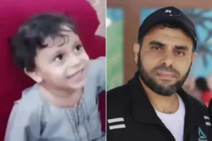 الشهيد حذيفة الكحلوت مع نجله يمان الذي اشتهد معه